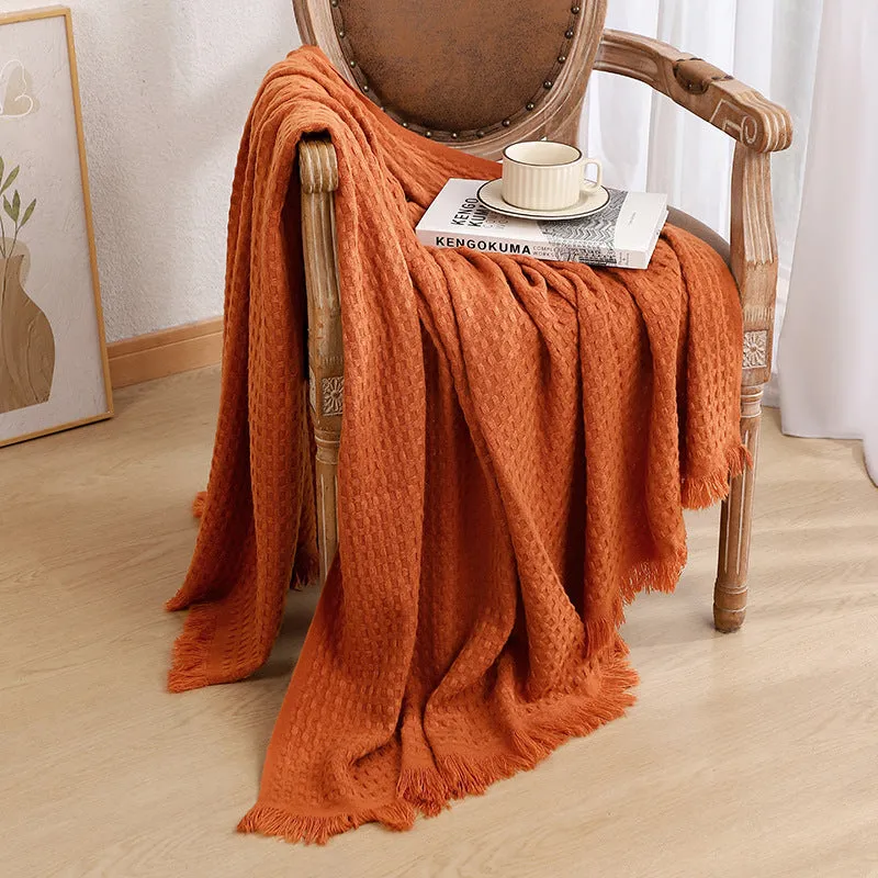 Solid colour waffle knit sofa blanket in acrylic with chenille texture, beige finish, 130x160cm with tassels