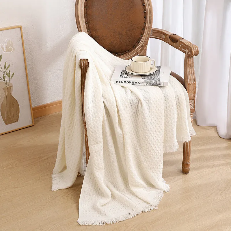 Solid colour waffle knit sofa blanket in acrylic with chenille texture, beige finish, 130x160cm with tassels