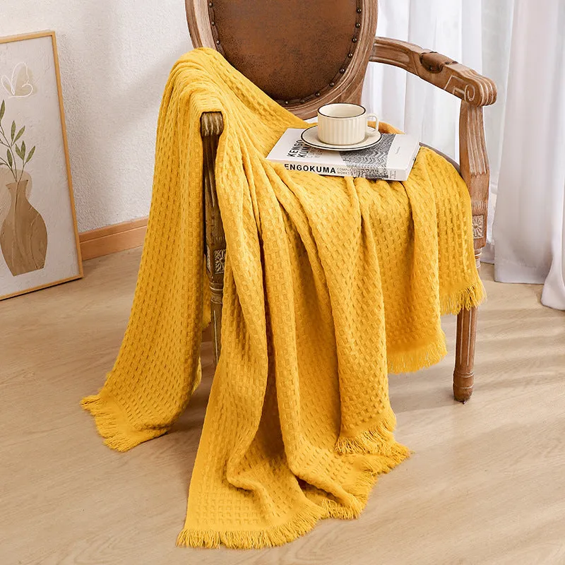 Solid colour waffle knit sofa blanket in acrylic with chenille texture, beige finish, 130x160cm with tassels
