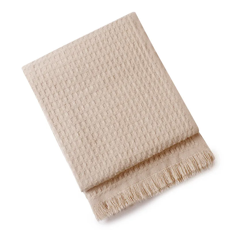 Solid colour waffle knit sofa blanket in acrylic with chenille texture, beige finish, 130x160cm with tassels