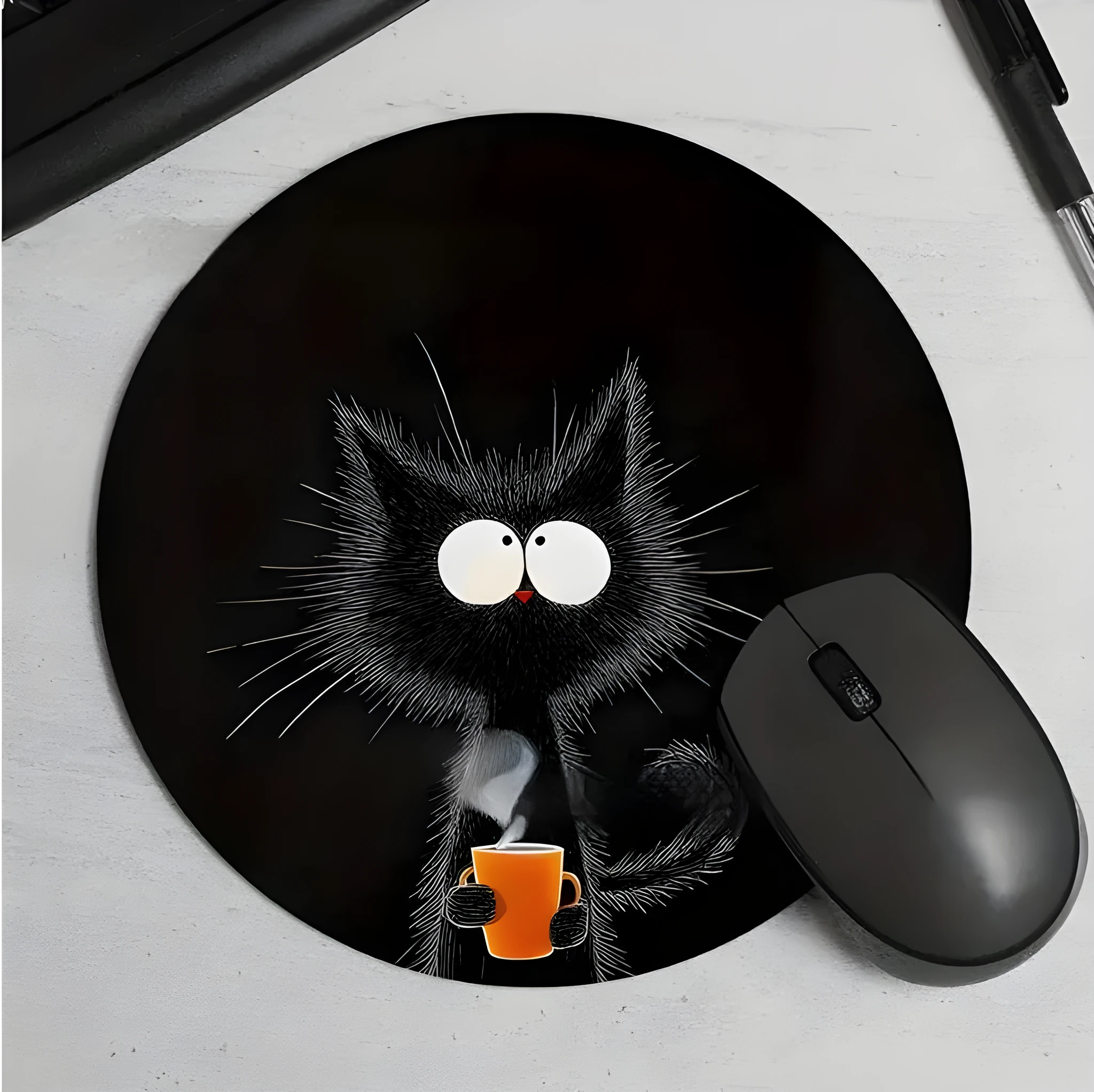 Cartoon black cat non-slip absorbent mouse pad with polyester fibre surface on a desk