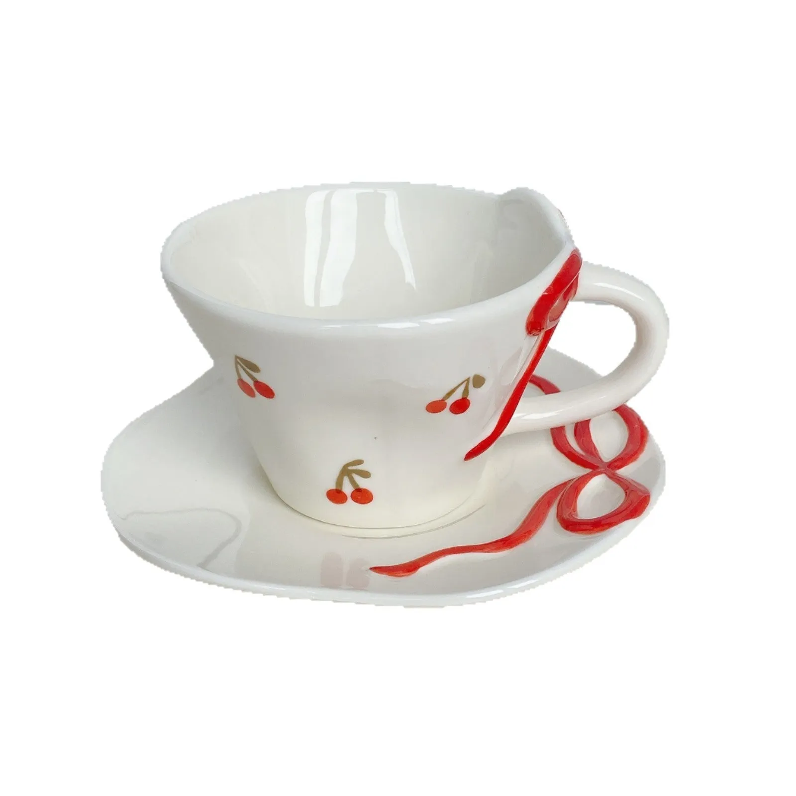 Hand painted ceramic coffee cup and saucer set in Cherry colour, irregular shape, white porcelain, 301-400ml capacity