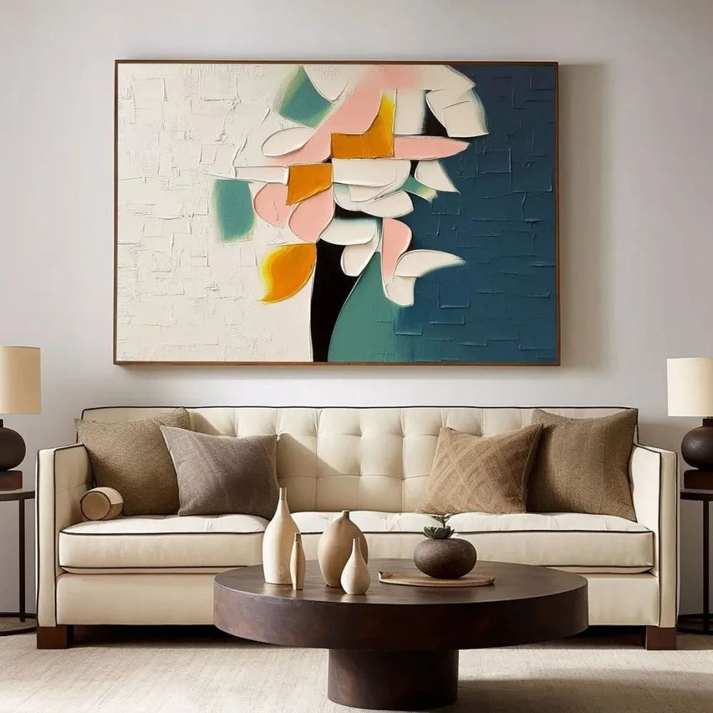 Handmade oil painting canvas with thick 3D palette knife floral design in modern abstract style, rolled unframed