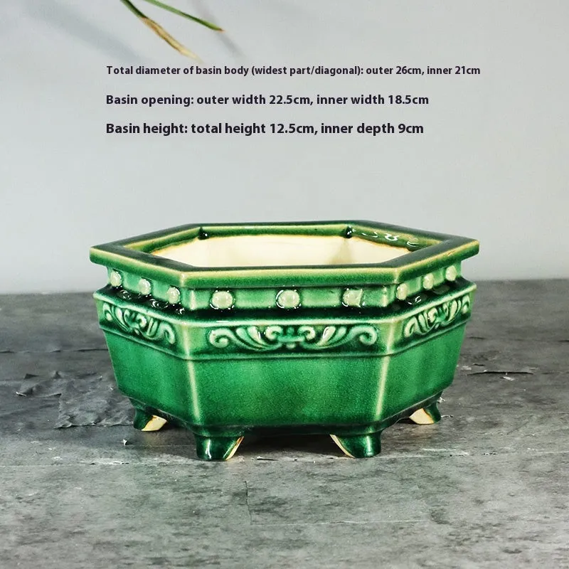 Glazed ceramic drum nail desktop flower pot in emerald green with Zhonglan floral pattern
