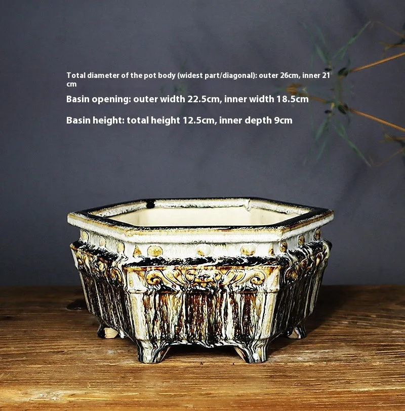 Glazed ceramic drum nail desktop flower pot in emerald green with Zhonglan floral pattern