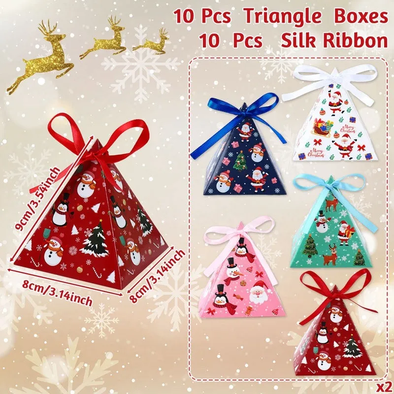 Christmas triangle candy box in paper with festive Santa and snowman print and ribbon ties