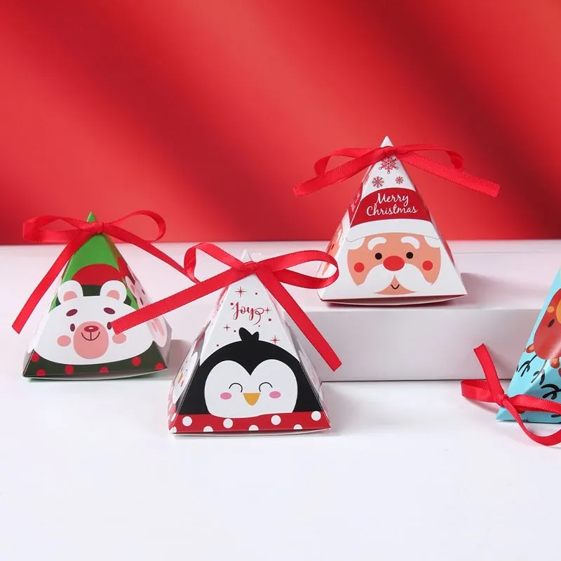 Christmas triangle candy box in paper with festive Santa and snowman print and ribbon ties
