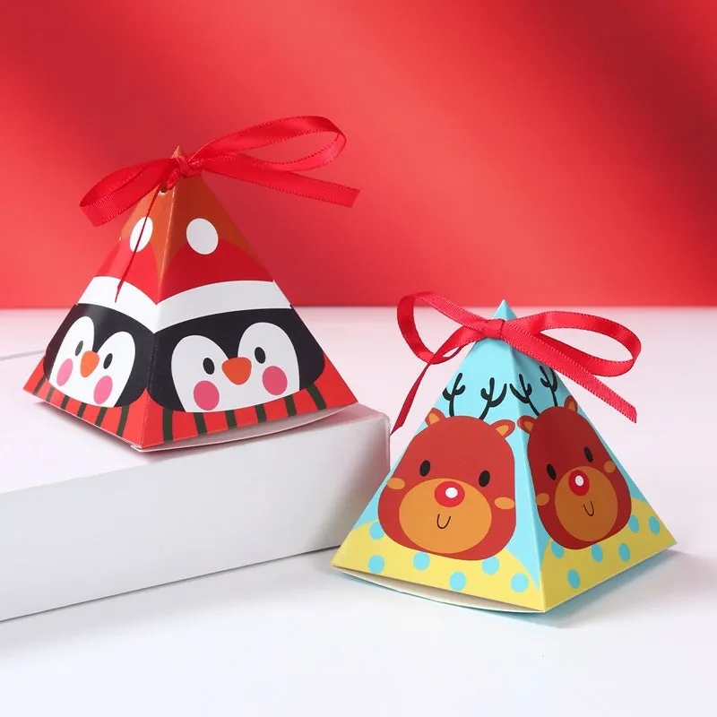Christmas triangle candy box in paper with festive Santa and snowman print and ribbon ties