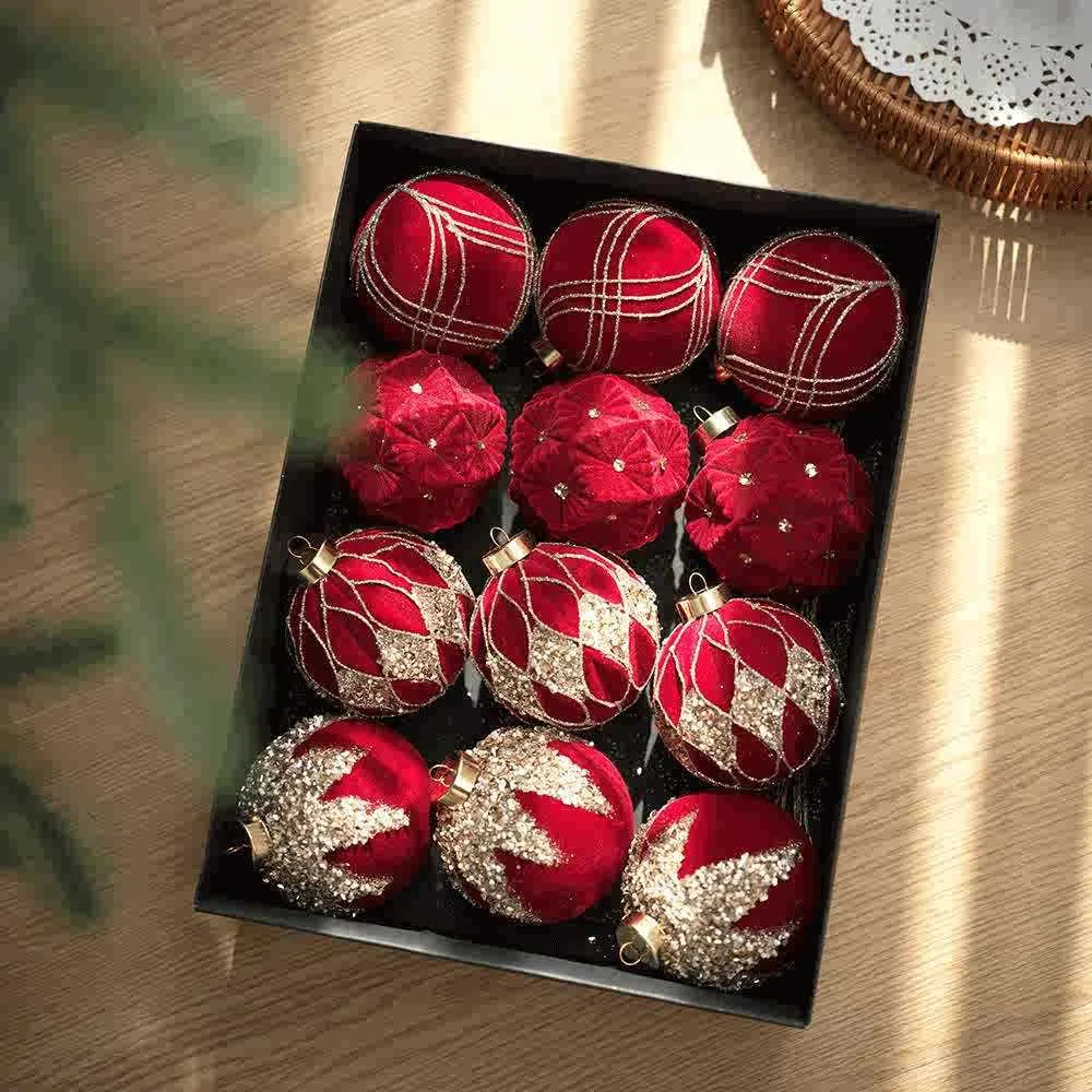 Twelve flocked Christmas ball pendants in wine red, milky white, and Maillard colour in a paper box