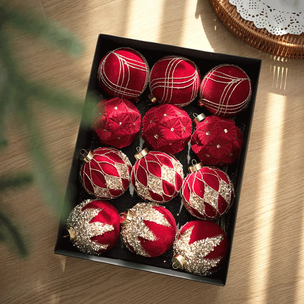 Twelve flocked Christmas ball pendants in wine red, milky white, and Maillard colour in a paper box