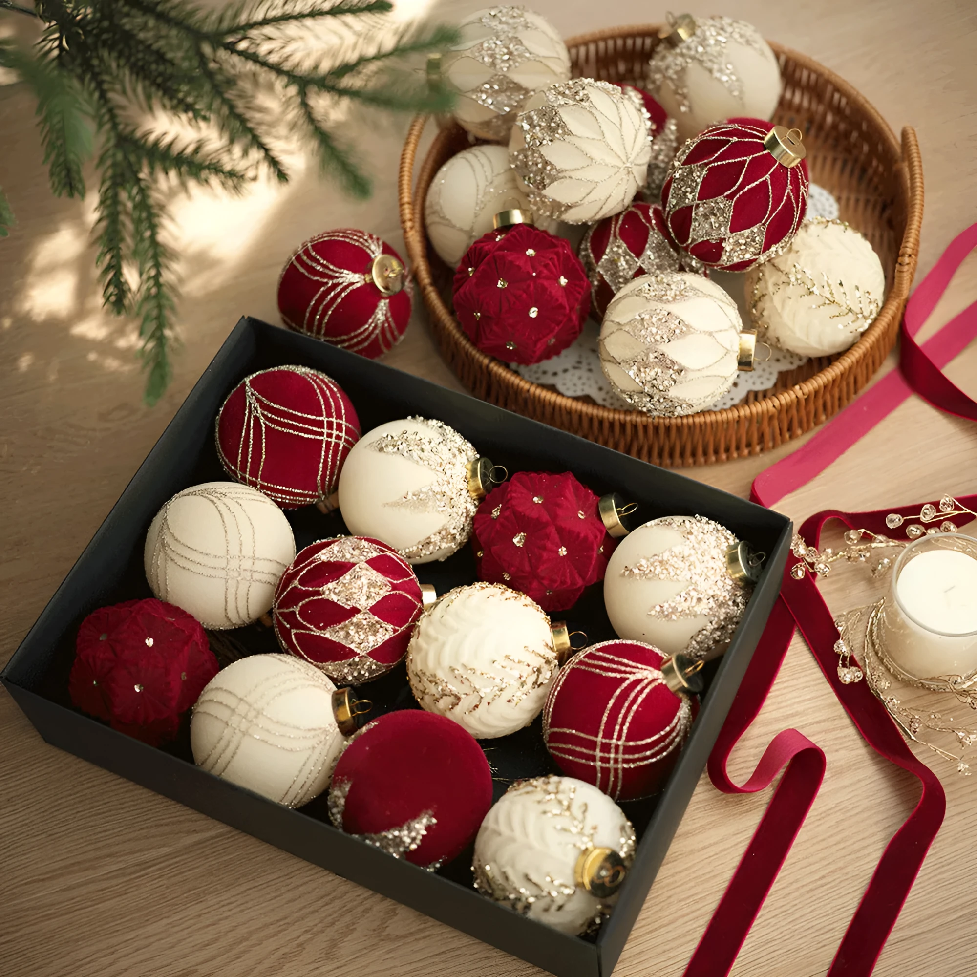Twelve flocked Christmas ball pendants in wine red, milky white, and Maillard colour in a paper box