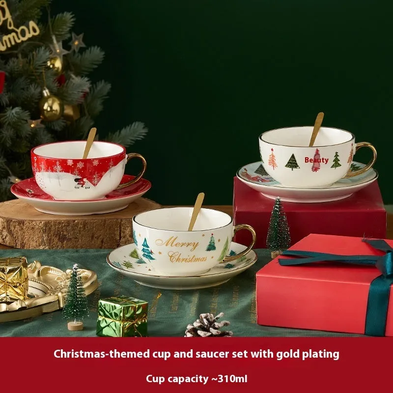 Ceramic tea set with gold-plated teapot and matching cup on dish, snowflake pattern, gift box