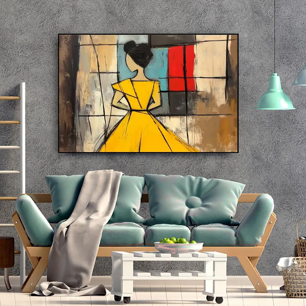 Abstract woman handmade oil painting in brown and green with texture on canvas, vintage wabi sabi style