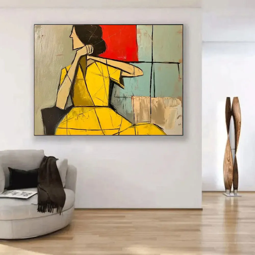 Abstract woman handmade oil painting in brown and green with texture on canvas, vintage wabi sabi style