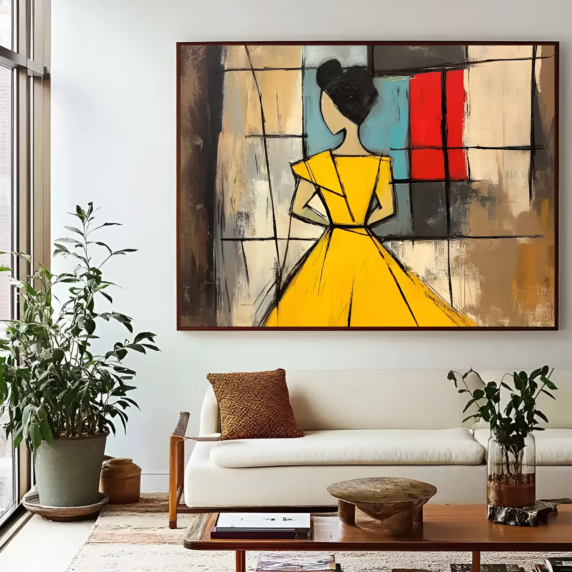 Abstract woman handmade oil painting in brown and green with texture on canvas, vintage wabi sabi style