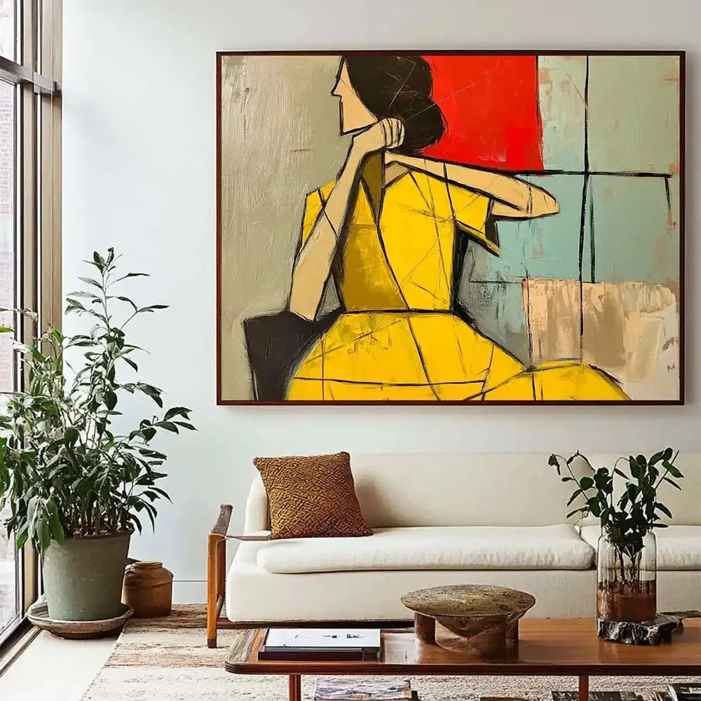 Abstract woman handmade oil painting in brown and green with texture on canvas, vintage wabi sabi style