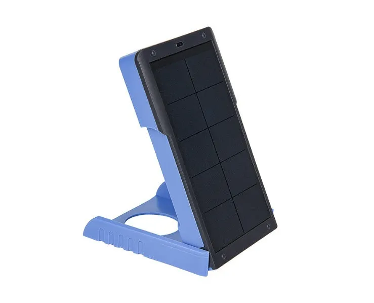 Solar rechargeable LED tent light in blue colour, plastic construction, with solar panel on top