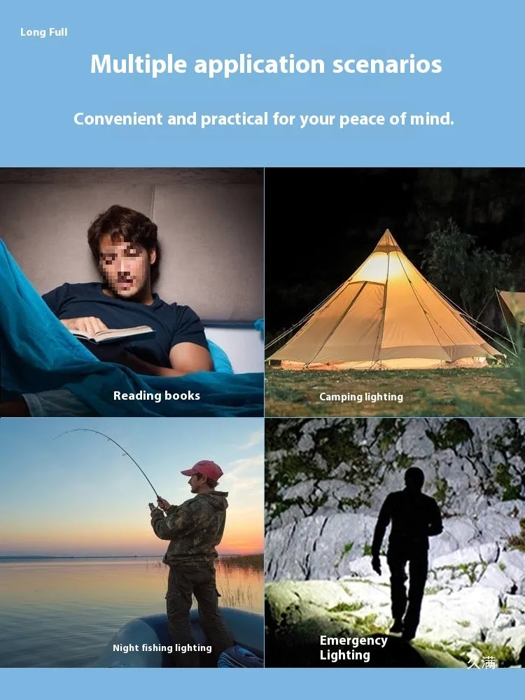 Solar rechargeable LED tent light in blue colour, plastic construction, with solar panel on top