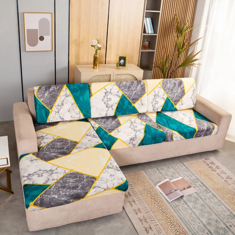 Printed non-slip polyester sofa seat cover with elastic edges in Happy Life Green colour on a single sofa
