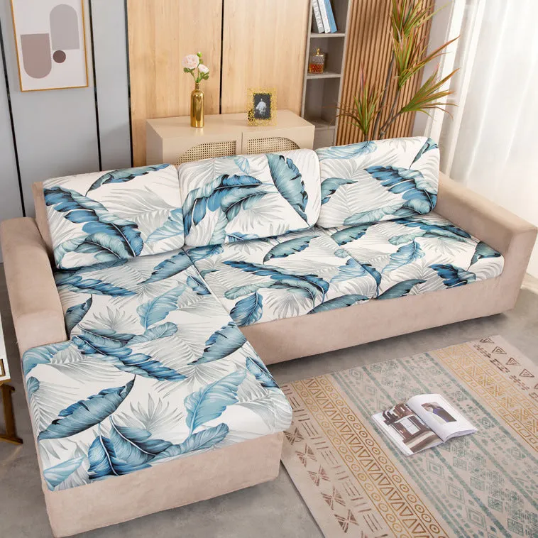 Printed non-slip polyester sofa seat cover with elastic edges in Happy Life Green colour on a single sofa
