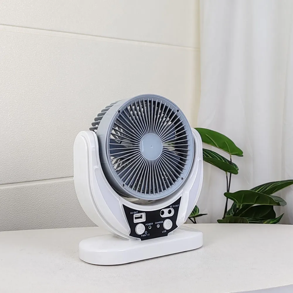 Solar charging emergency fan with LED lighting, 6-inch blade, white housing, and solar panel