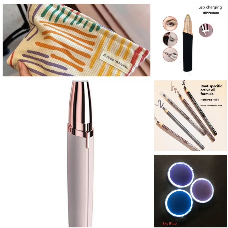 Gold-plated eyebrow trimmer pen with LED light and black body