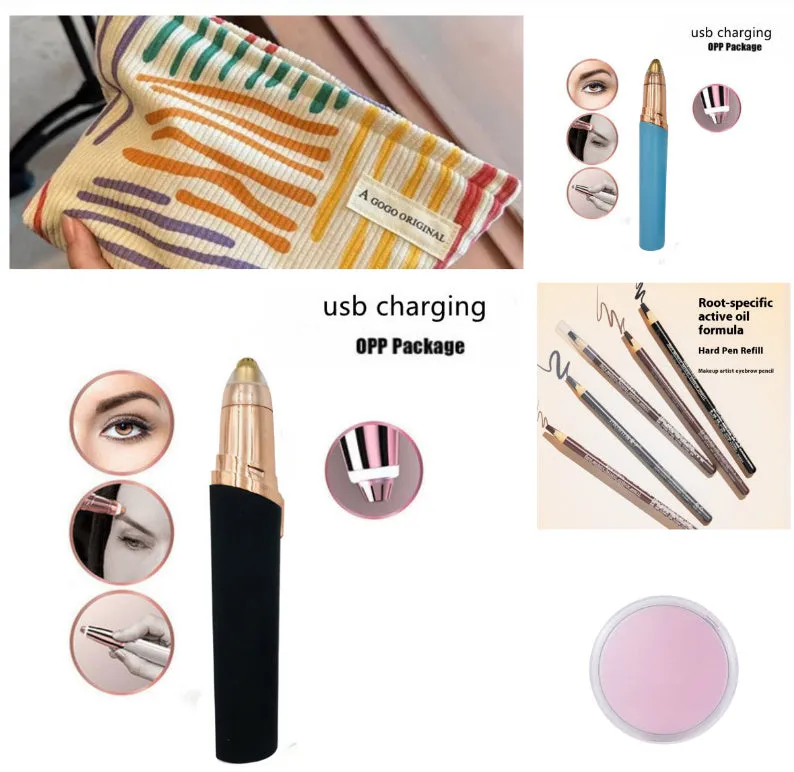 Gold-plated eyebrow trimmer pen with LED light and black body