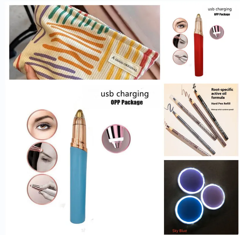 Gold-plated eyebrow trimmer pen with LED light and black body