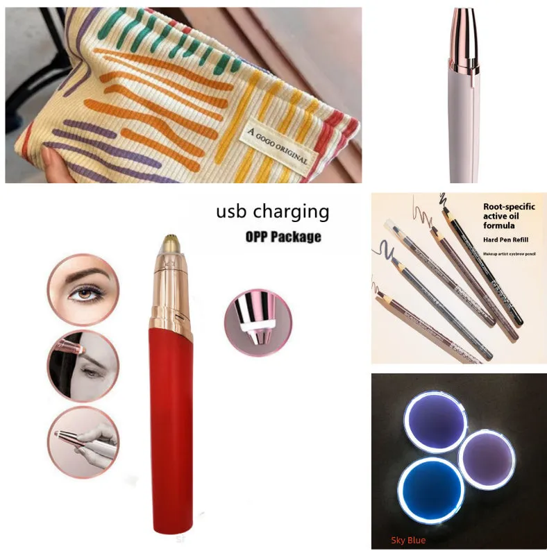Gold-plated eyebrow trimmer pen with LED light and black body