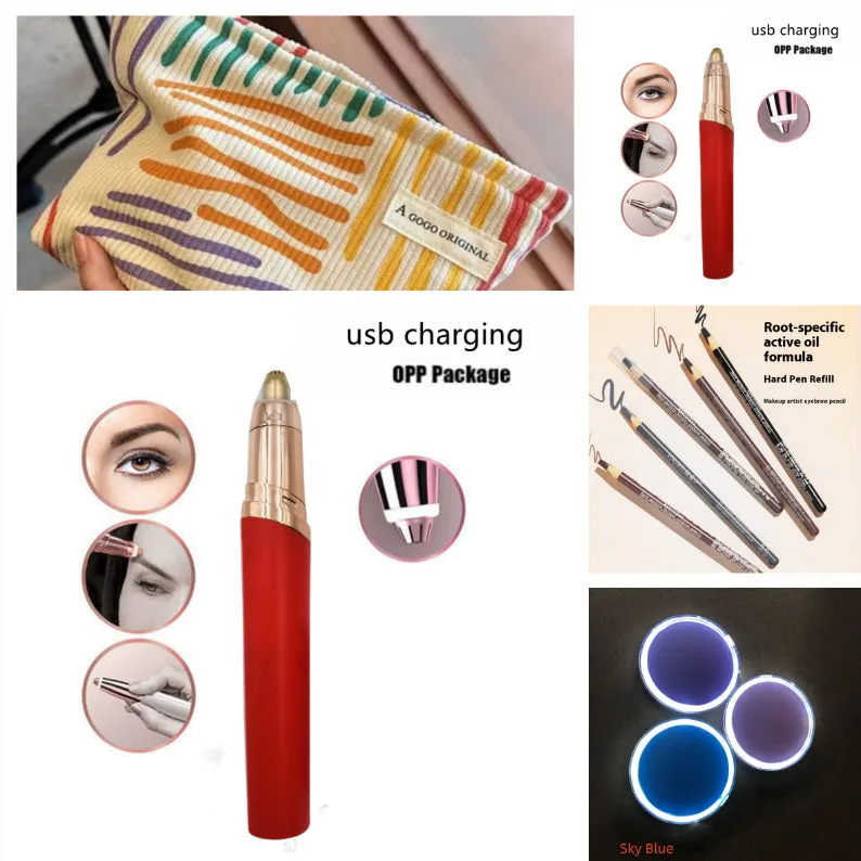Gold-plated eyebrow trimmer pen with LED light and black body