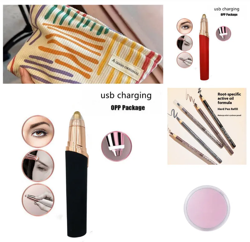 Gold-plated eyebrow trimmer pen with LED light and black body