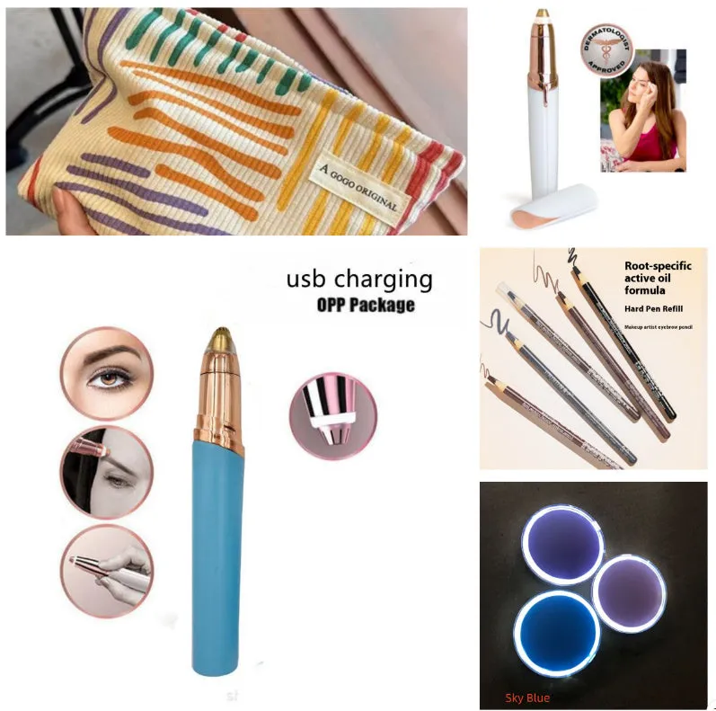 Gold-plated eyebrow trimmer pen with LED light and black body