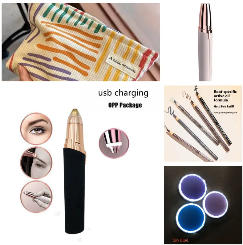 Gold-plated eyebrow trimmer pen with LED light and black body
