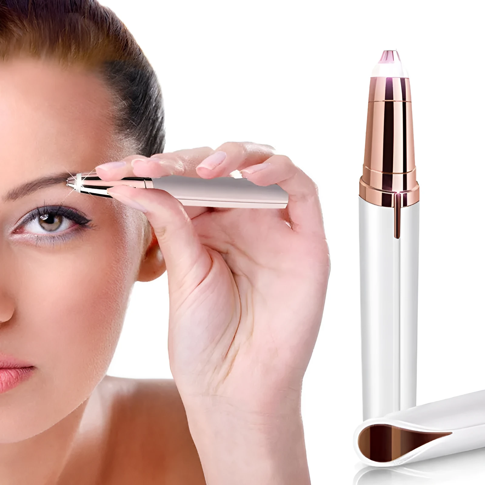 Gold-plated eyebrow trimmer pen with LED light and black body