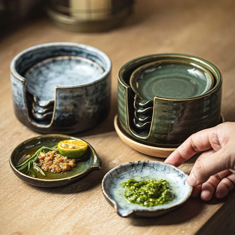 Japanese porcelain seasoning dish set with four plates and a storage tray in Aurora Green