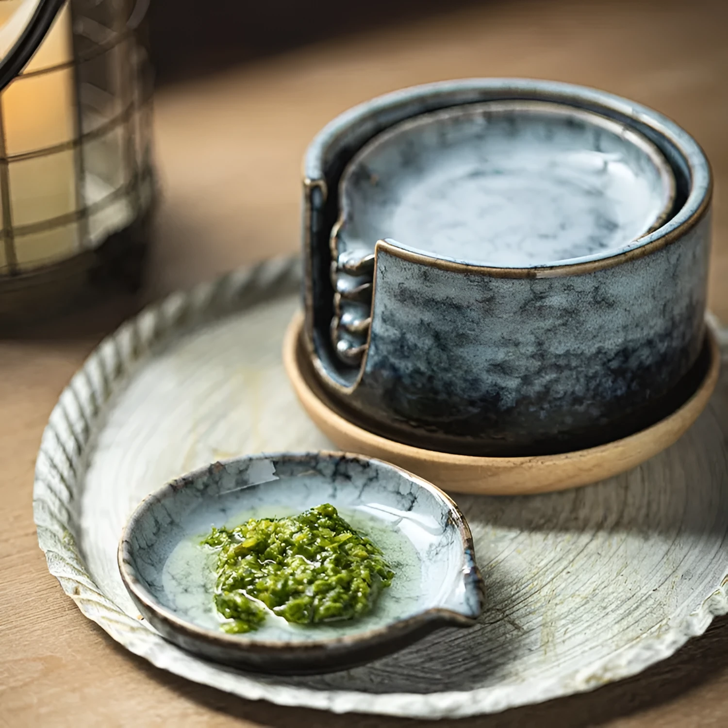 Japanese porcelain seasoning dish set with four plates and a storage tray in Aurora Green