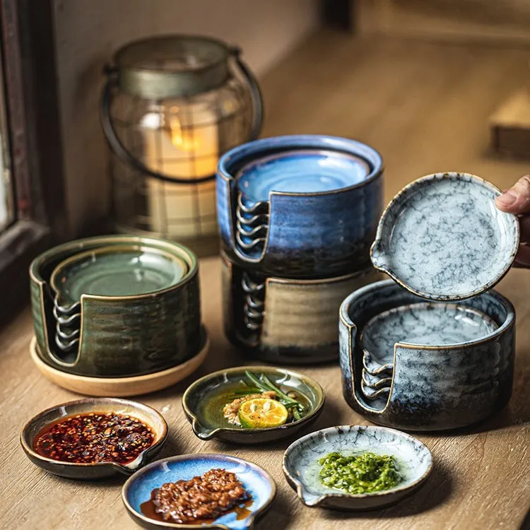 Japanese porcelain seasoning dish set with four plates and a storage tray in Aurora Green