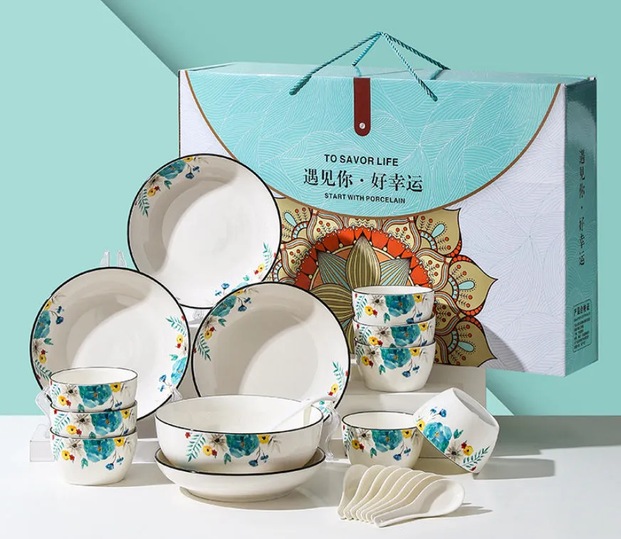 Flower In Ink bone china 22-piece tableware set with bowls, spoons, plates, large bowl, and spoon