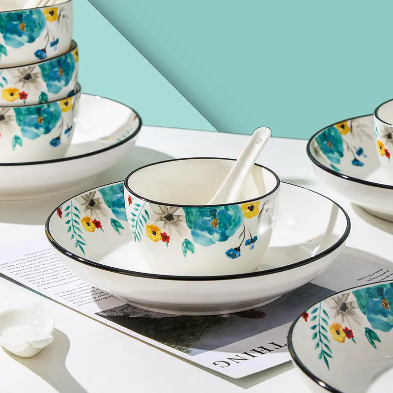 Flower In Ink bone china 22-piece tableware set with bowls, spoons, plates, large bowl, and spoon