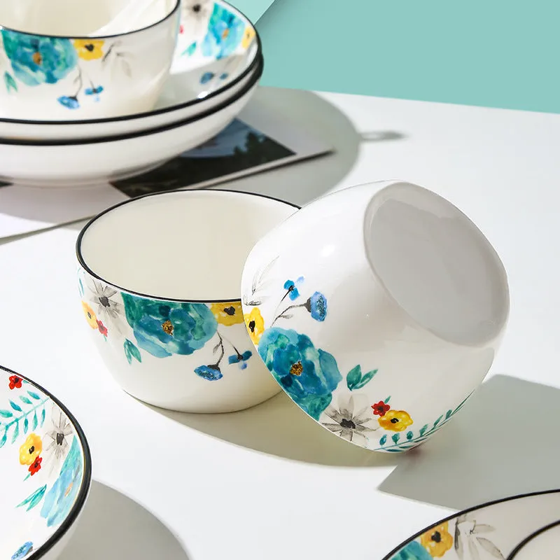 Flower In Ink bone china 22-piece tableware set with bowls, spoons, plates, large bowl, and spoon