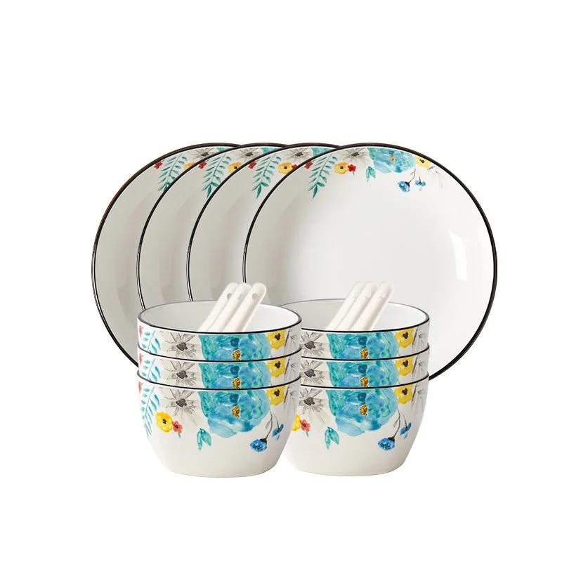 Flower In Ink bone china 22-piece tableware set with bowls, spoons, plates, large bowl, and spoon