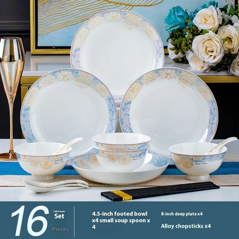 16 piece new bone china dinner set with bowls plates spoons and chopsticks on a table