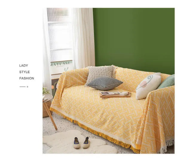 Solid colour polyester chenille sofa cover in khaki white plaid pattern, Nordic simple style, 180x180cm size