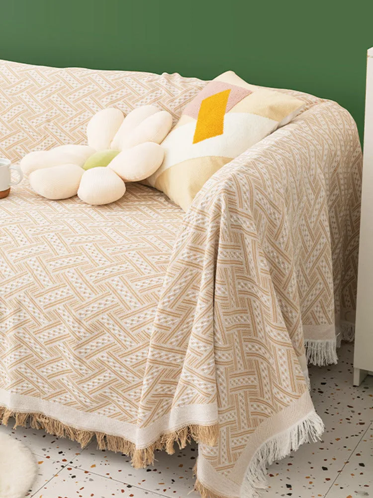 Solid colour polyester chenille sofa cover in khaki white plaid pattern, Nordic simple style, 180x180cm size