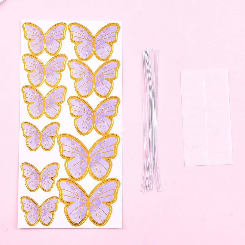 Acrylic happy birthday cake inserting decoration with plastic card and wrought iron stand in butterfly pink style