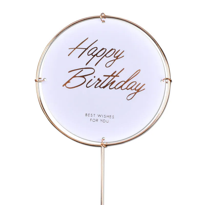 Acrylic happy birthday cake inserting decoration with plastic card and wrought iron stand in butterfly pink style