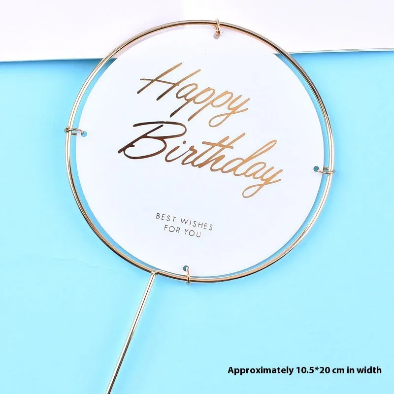 Acrylic happy birthday cake inserting decoration with plastic card and wrought iron stand in butterfly pink style