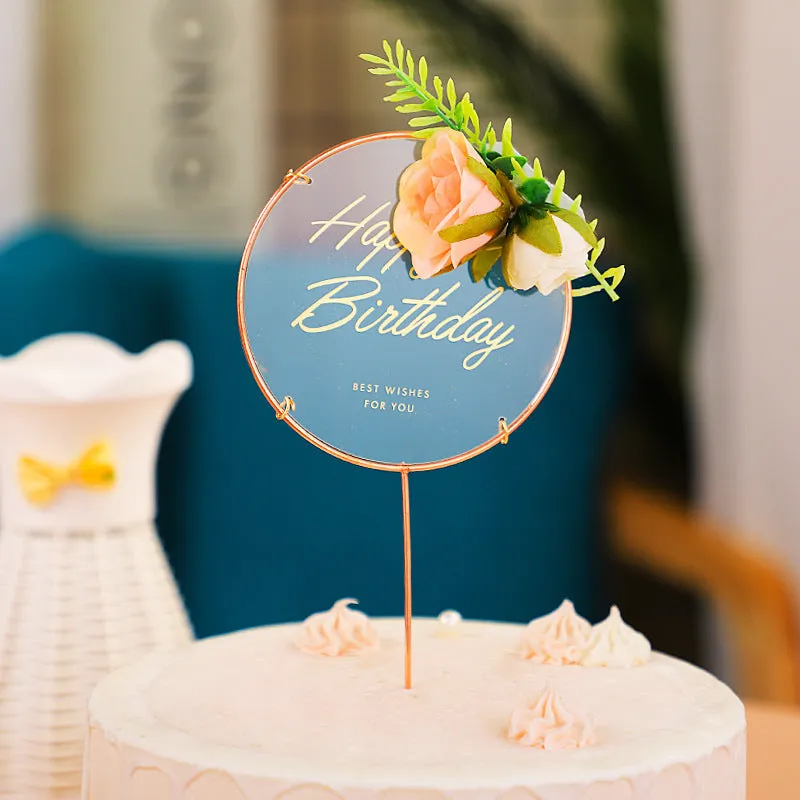 Acrylic happy birthday cake inserting decoration with plastic card and wrought iron stand in butterfly pink style