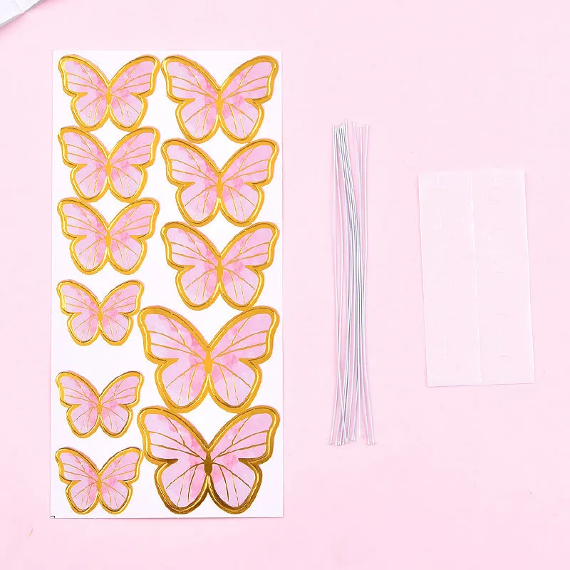 Acrylic happy birthday cake inserting decoration with plastic card and wrought iron stand in butterfly pink style