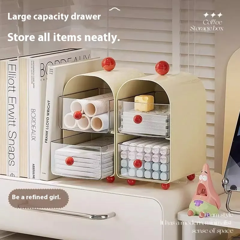 Transparent large capacity plastic drawer storage box in Milky White Red for office use